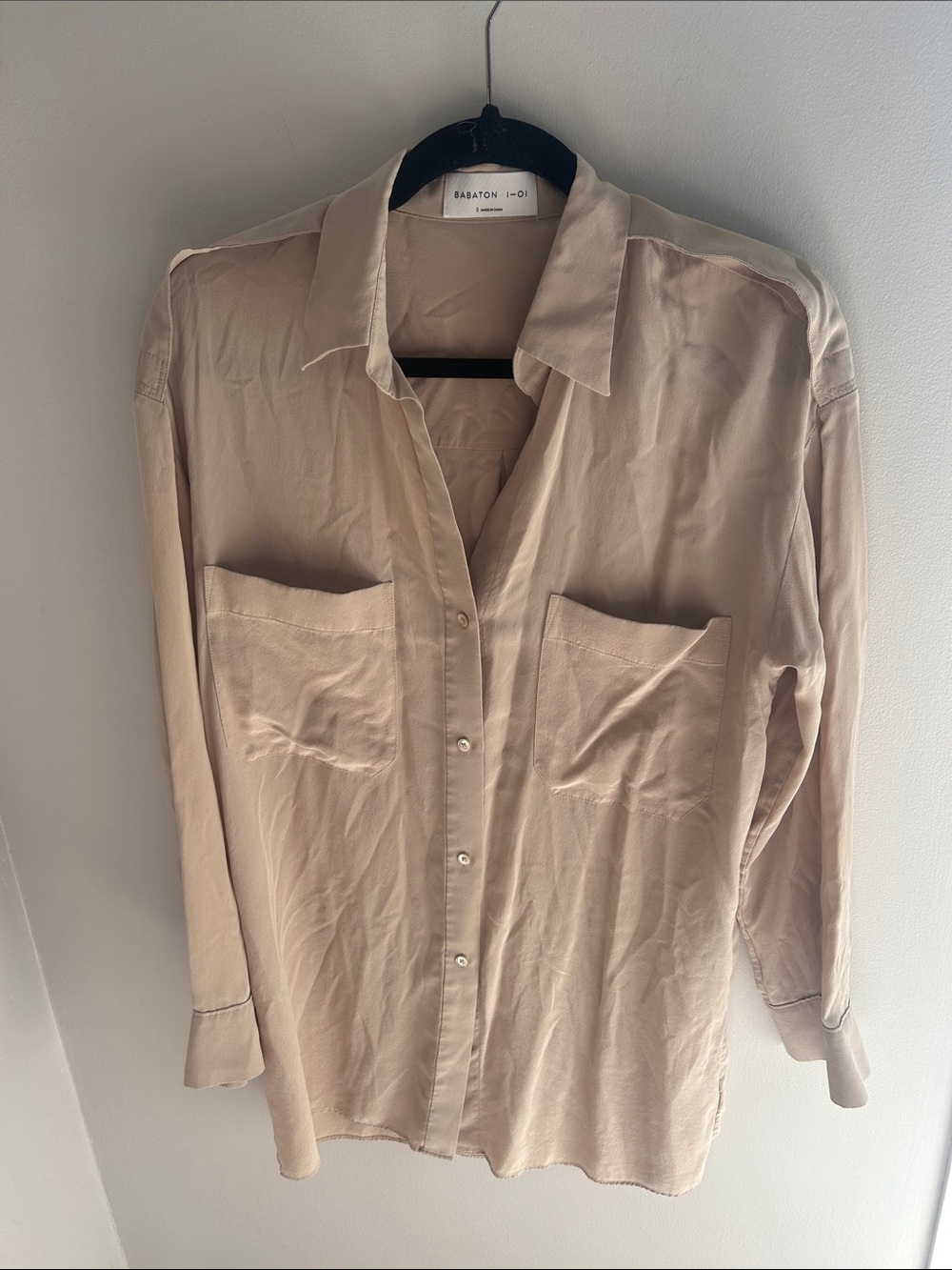 Silk Babaton Beige Relaxed Silk-Feel Button-Down Shirt